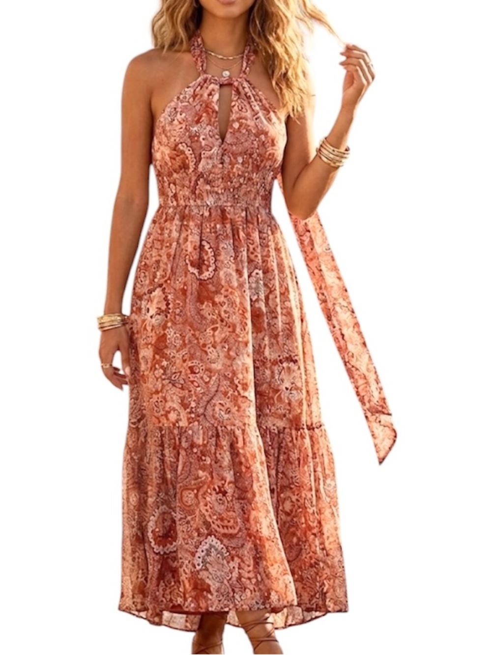 Trixxi Boho Paisley Rust Orange Cream Halter Midi Dress Size: Medium